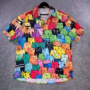 Hardaddy Mens Medium* Multicolor AOP Cartoon Cat Print Short Sleeve Shirt